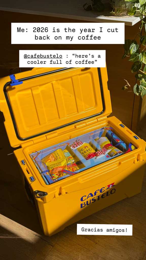 Reilly Meehan Instagram Story showing the open Café Bustelo cooler in sunlight